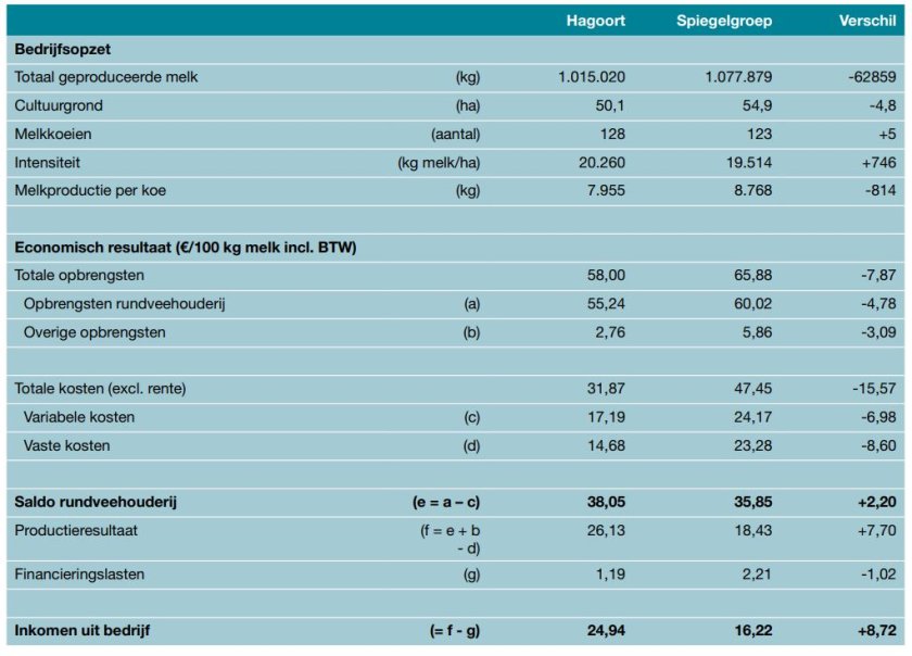 Tabel 1. Kengetallen 2022 van Hagoort in vergelijking met de spiegelgroep. Bron: Bedrijveninformatienet van Wageningen  Economic Research.