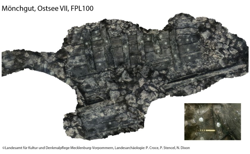 The studied 700-year-old Mönchgut Ostsee VII shipwreck in the Baltic sea near the port of Lubmin, Germany. The wreck -discovered in 2014- is only partially exposed at a depth of 3m. The vessel was probably not longer than 15m in length and fairly flat-bottomed. At the right bottom a detail of the ship wreck with the marked part of the scale indicating the North.